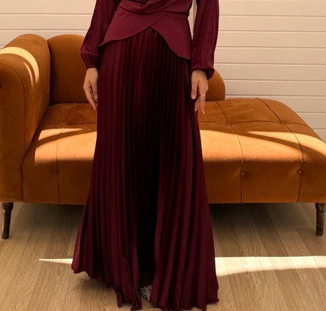 Pleated Satin Skirt C411 Burgundy