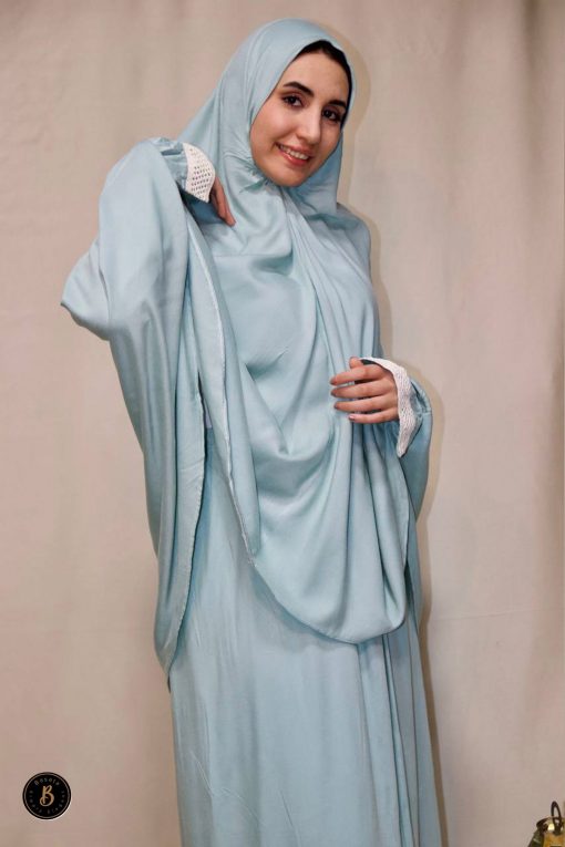 Mint green Cotton Viscose Khimar and Skirt Set