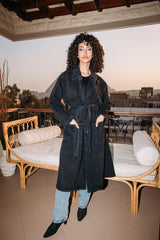 Long denim coat in washed black