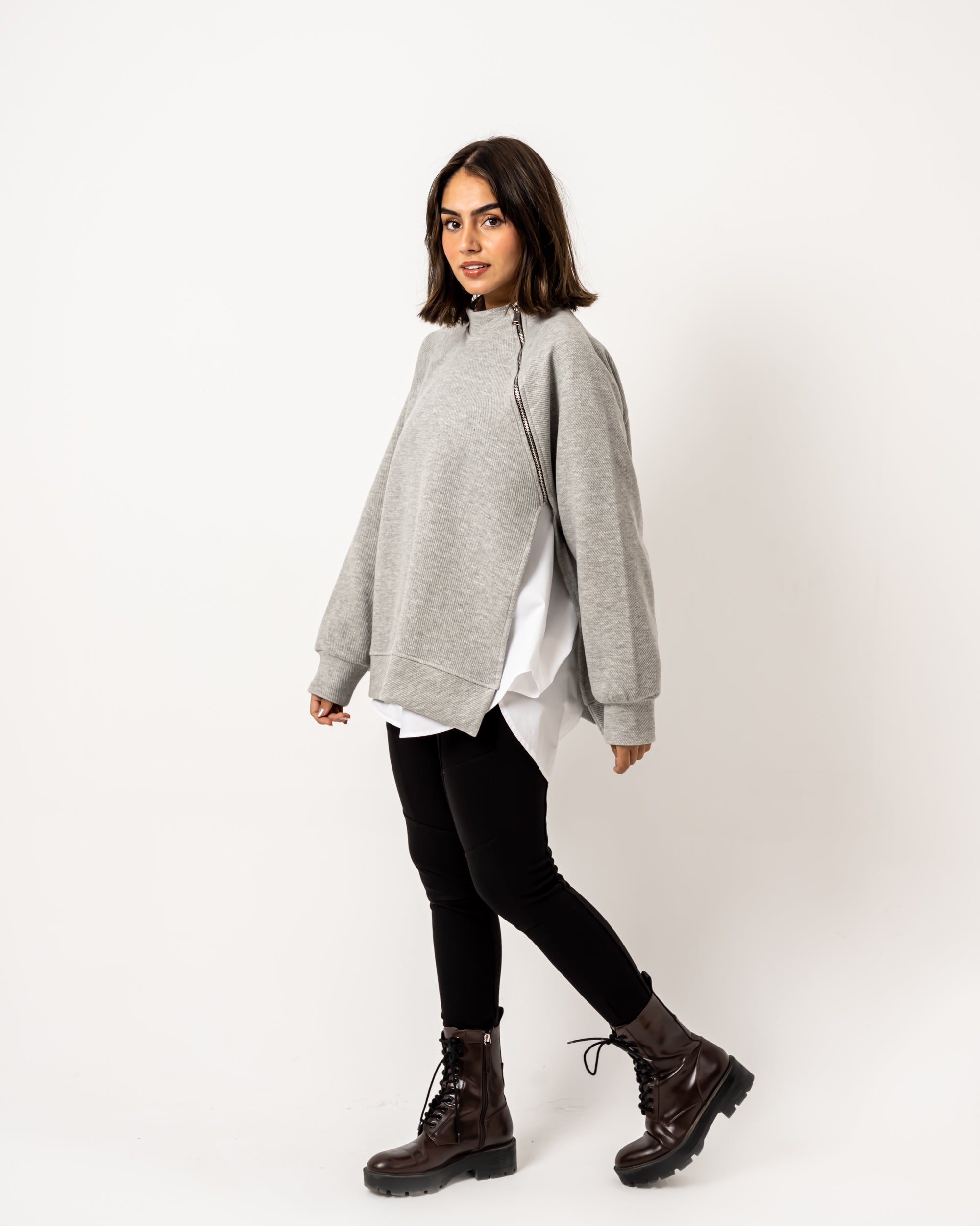 Asymmetric side zipper pullover