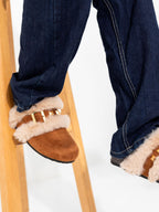 Camel Studded Fur Clogs