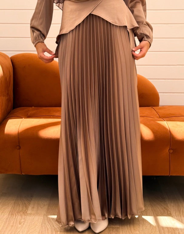 Pleated Satin Skirt C411 Cafe
