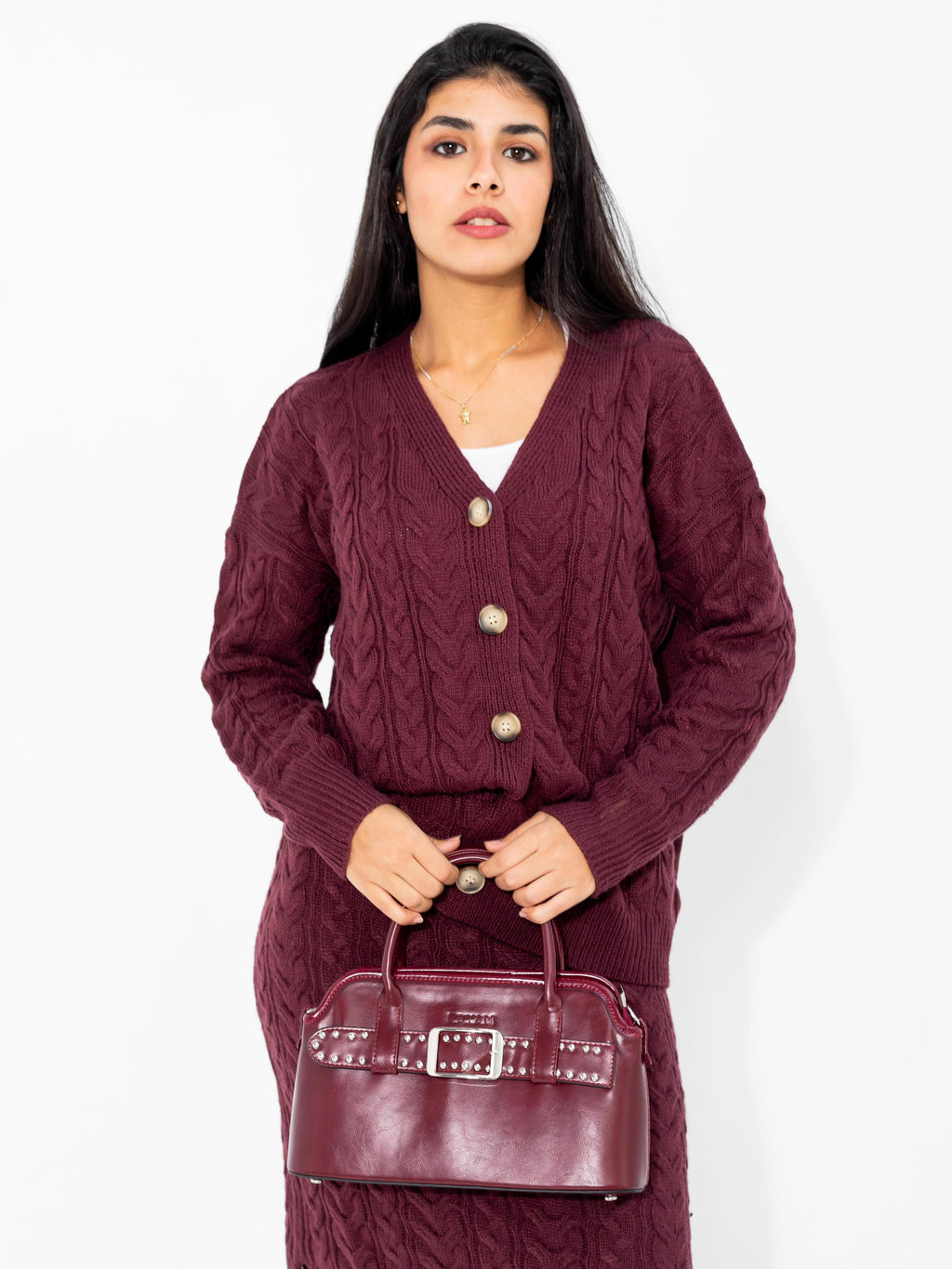 Burgundy Studded Buckle Bag