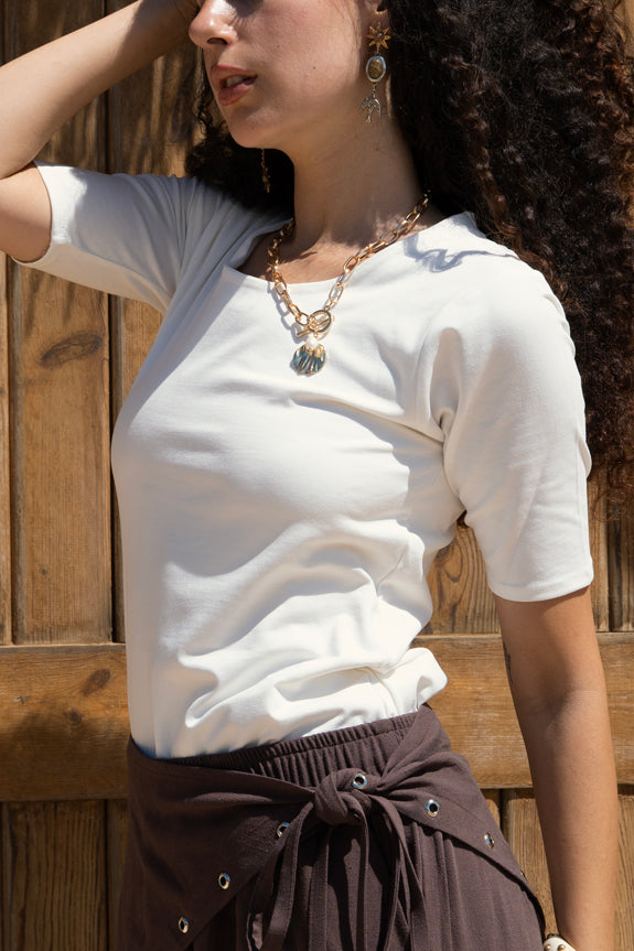 Essential Cotton Half Sleeves Double Layered Top - White