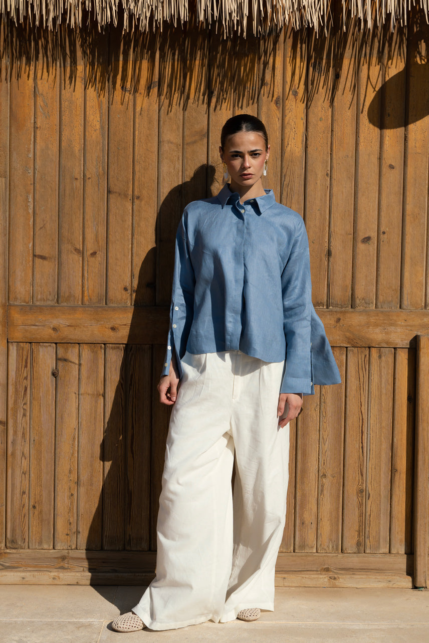 High-low Linen Shirt - Indigo Blue