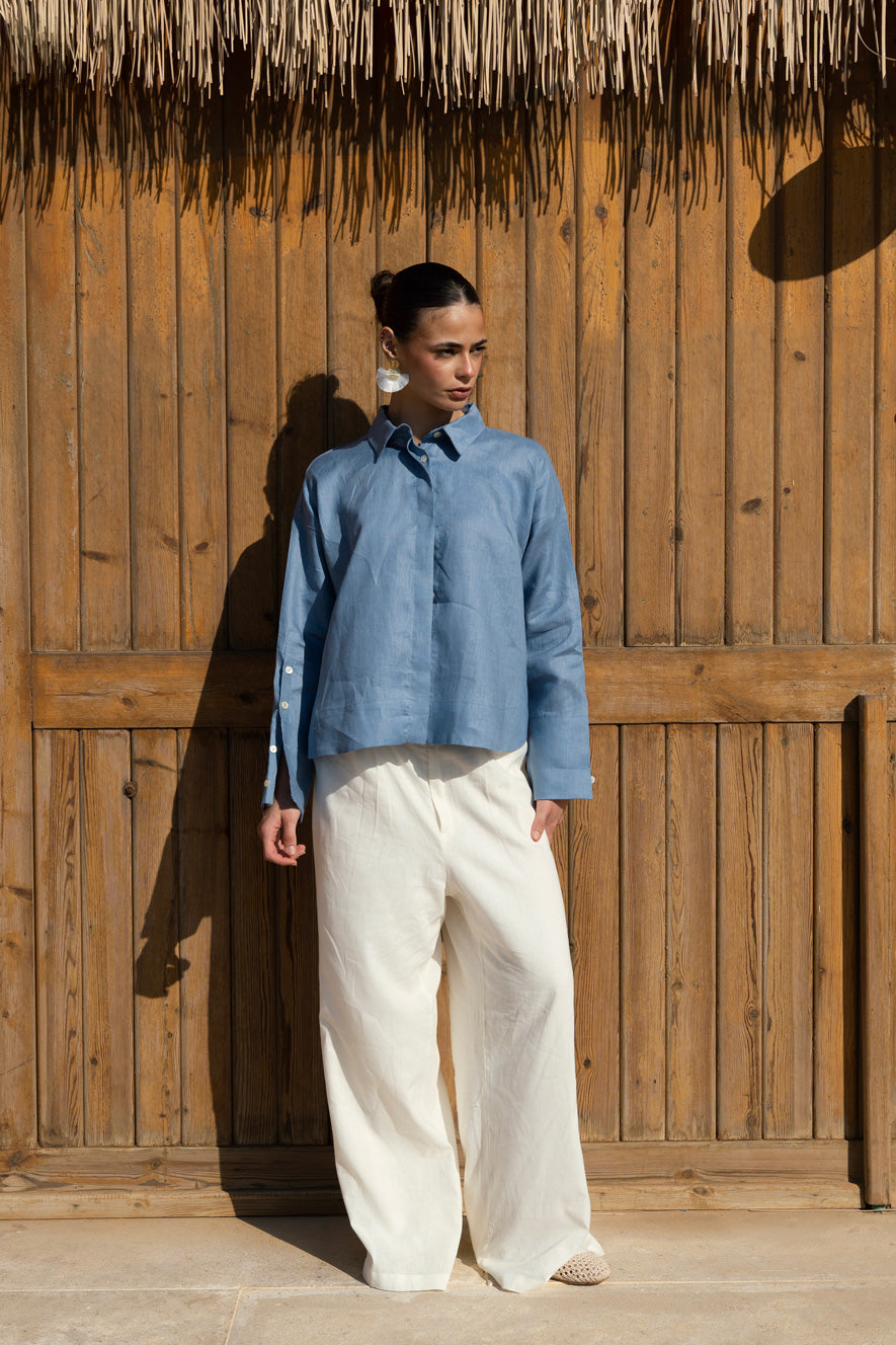 High-low Linen Shirt - Indigo Blue