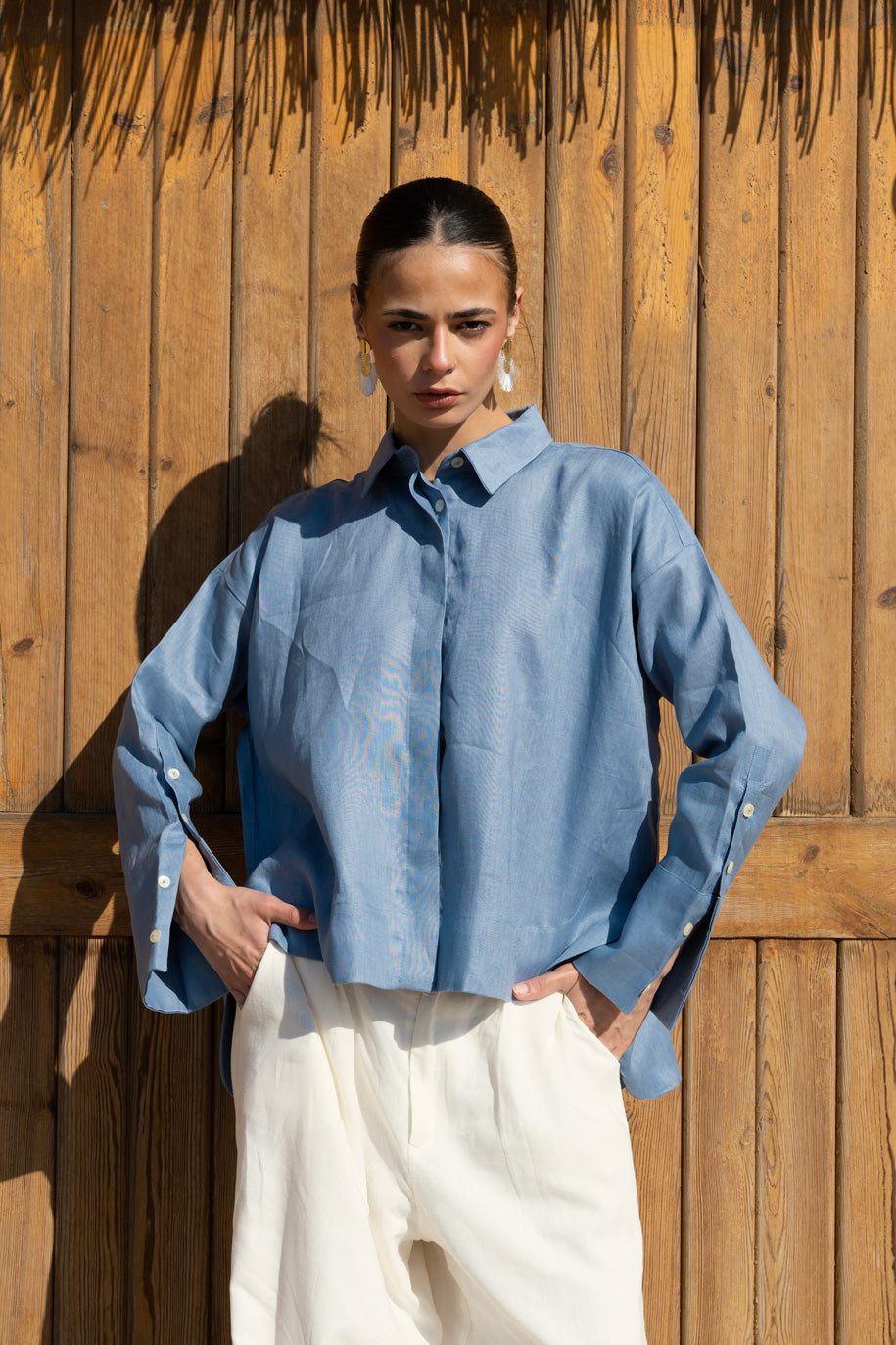 High-low Linen Shirt - Indigo Blue