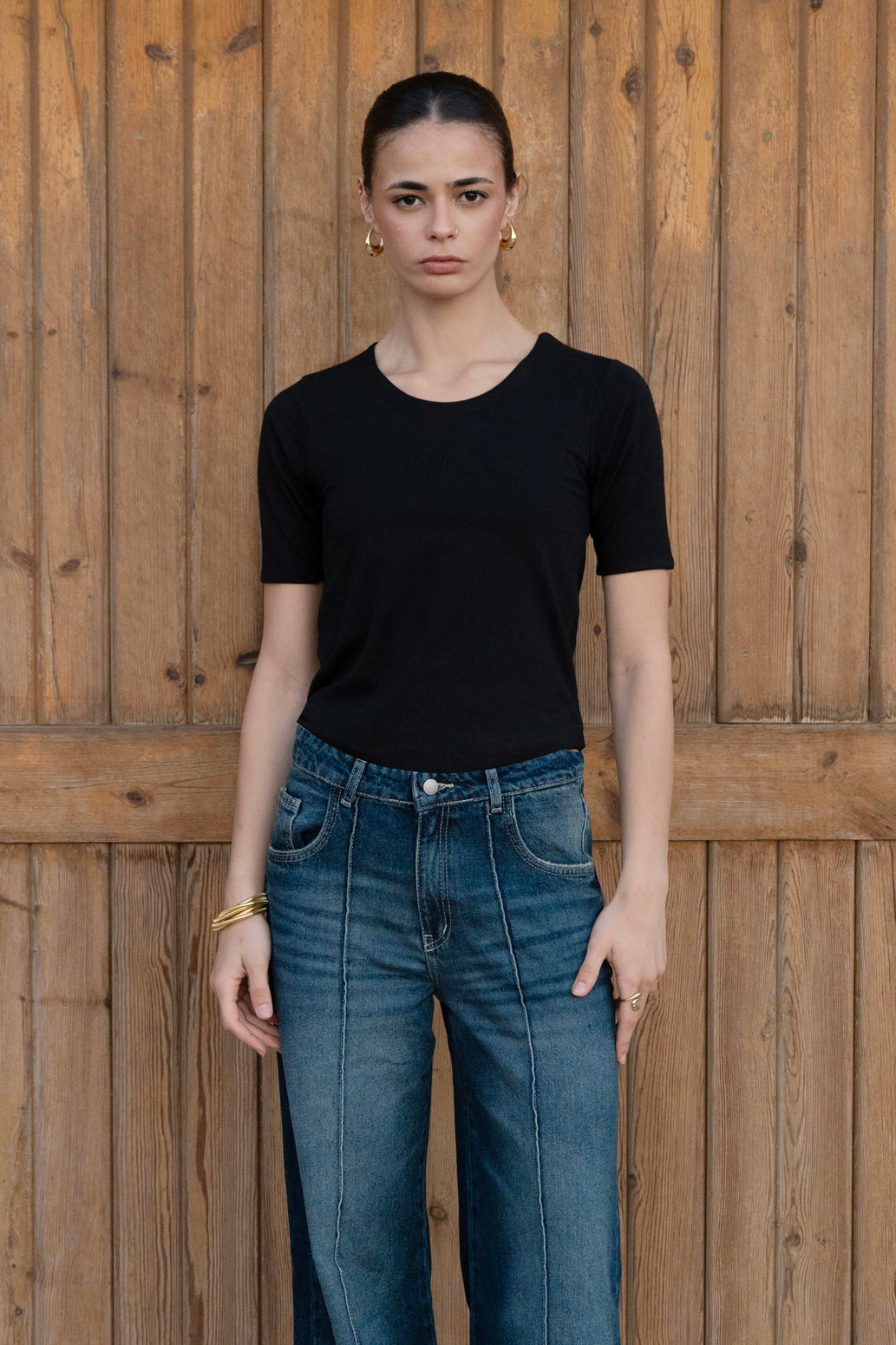 Essential Cotton Half Sleeves Double Layered Top - Black