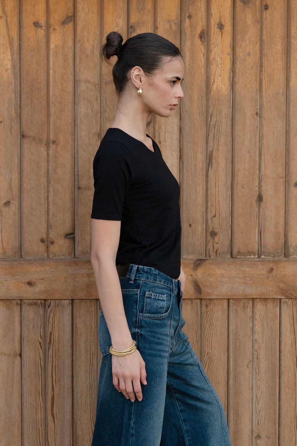 Essential Cotton Half Sleeves Double Layered Top - Black
