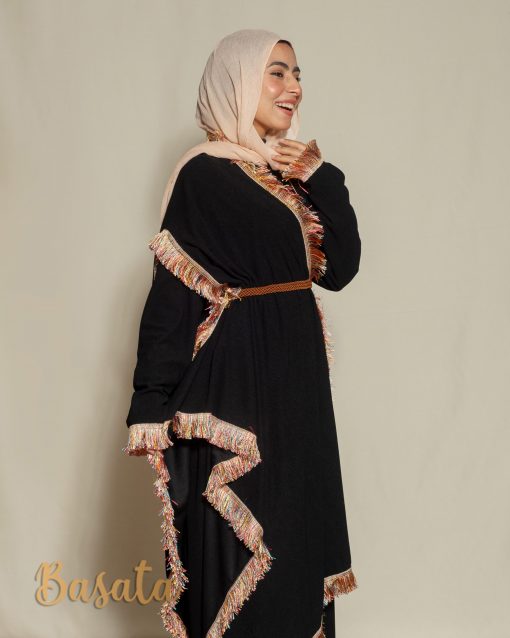 Trendy Velvet Dress with Tassel Sleeves and Embroidered Scarf