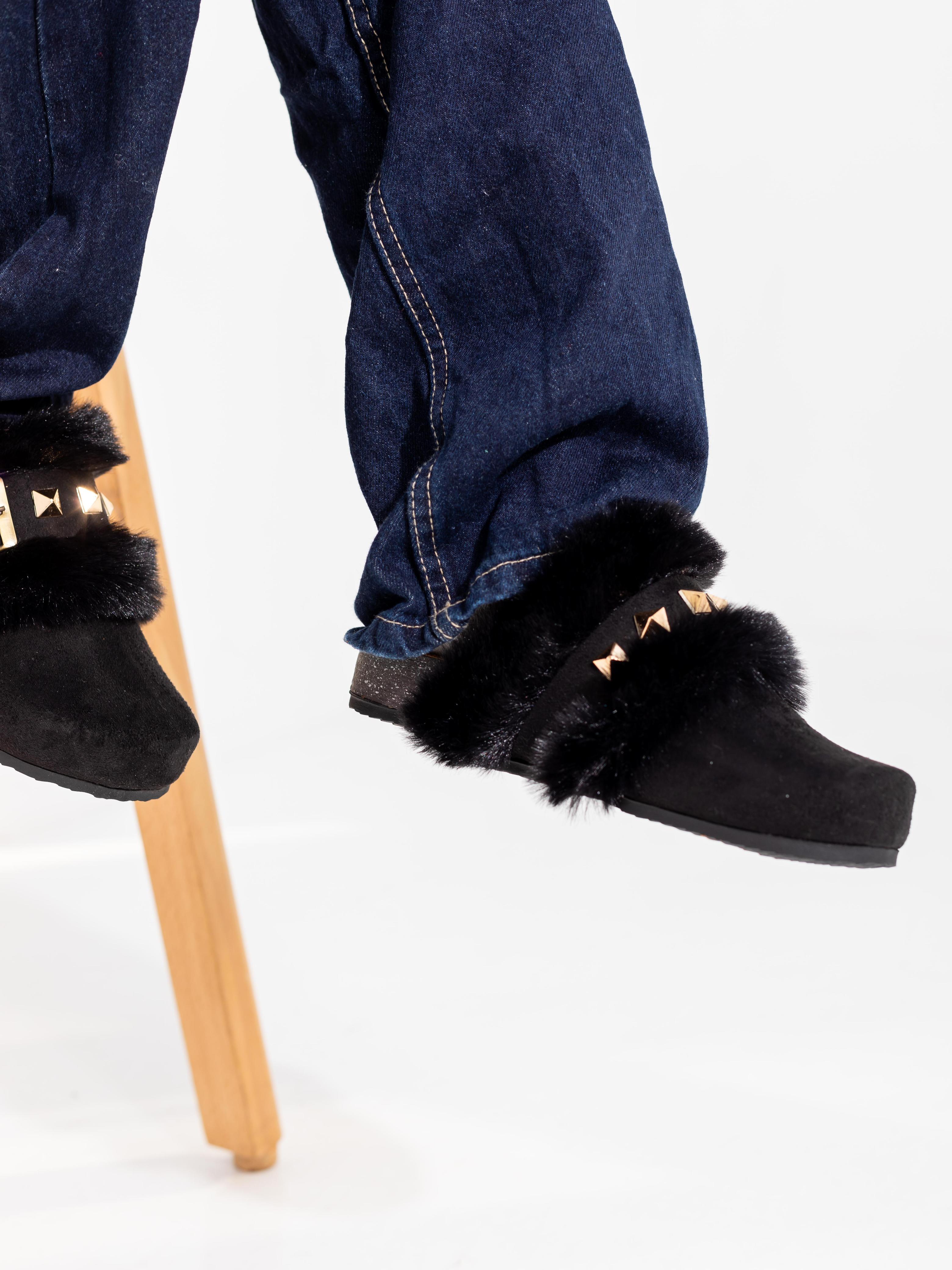 Black Studded Fur Clogs