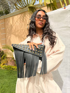 Black Studded Fringe Clutch