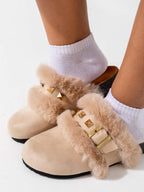 Beige Studded Fur Clogs