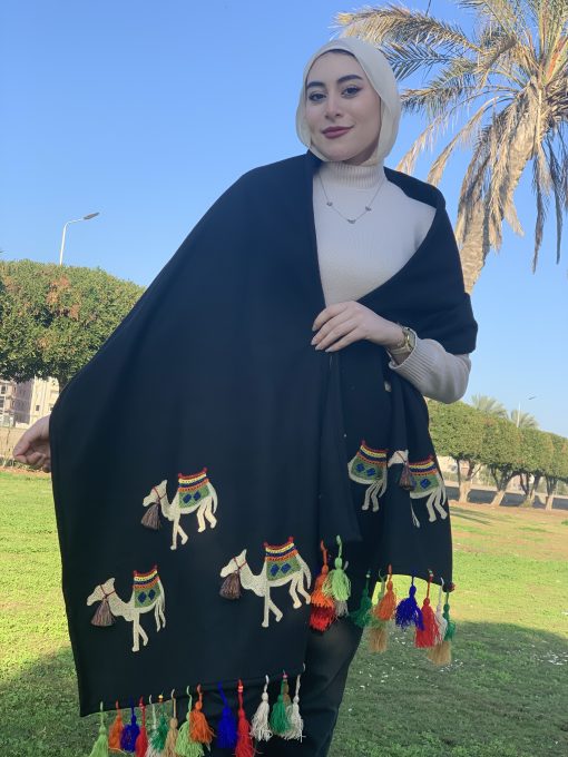 Camel Embroidered Wool Shawl handmade black