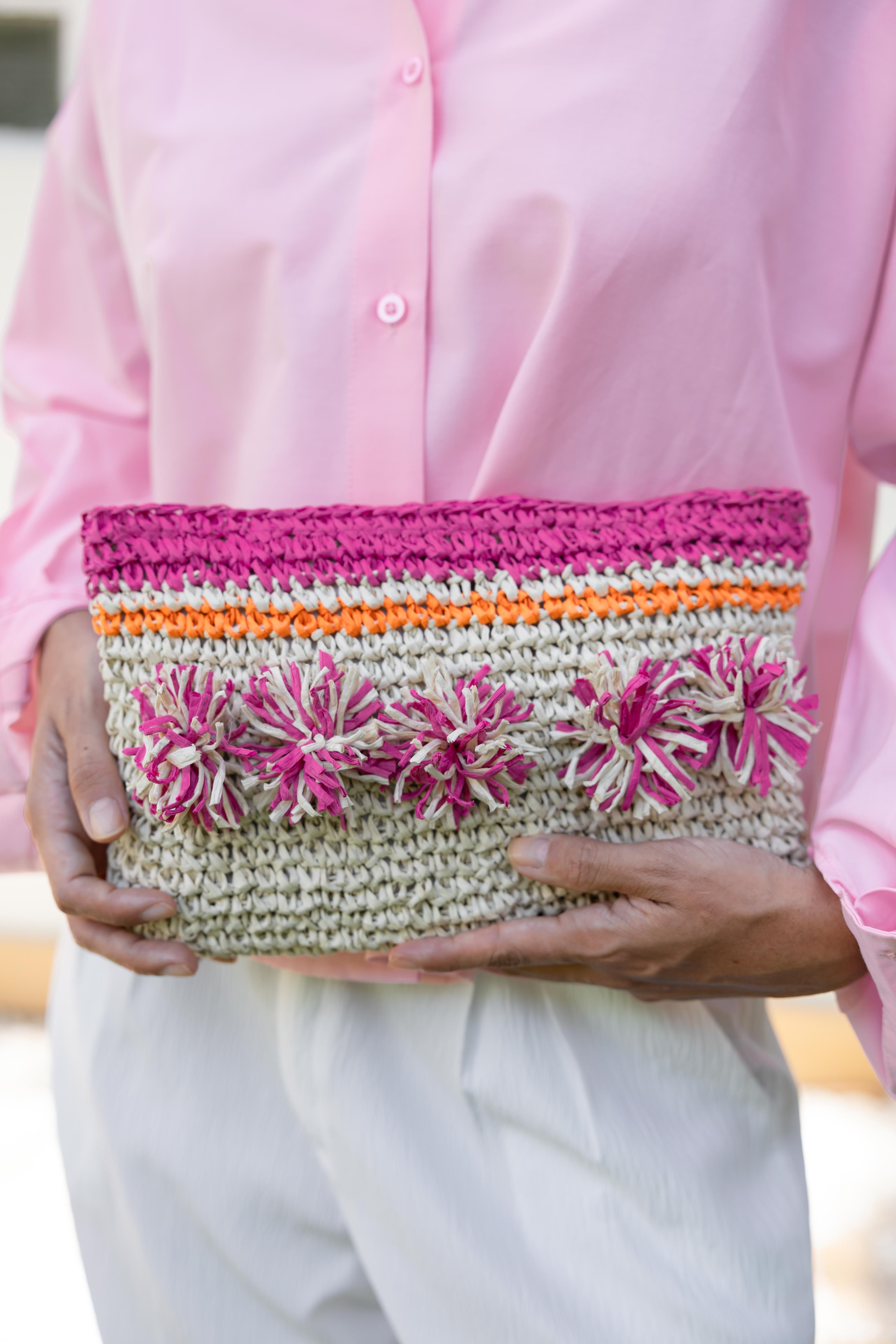 Peach Pop Raffia Clutch