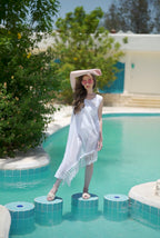Fringes net coverup dress in white