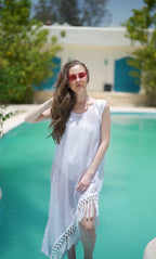 Fringes net coverup dress in white
