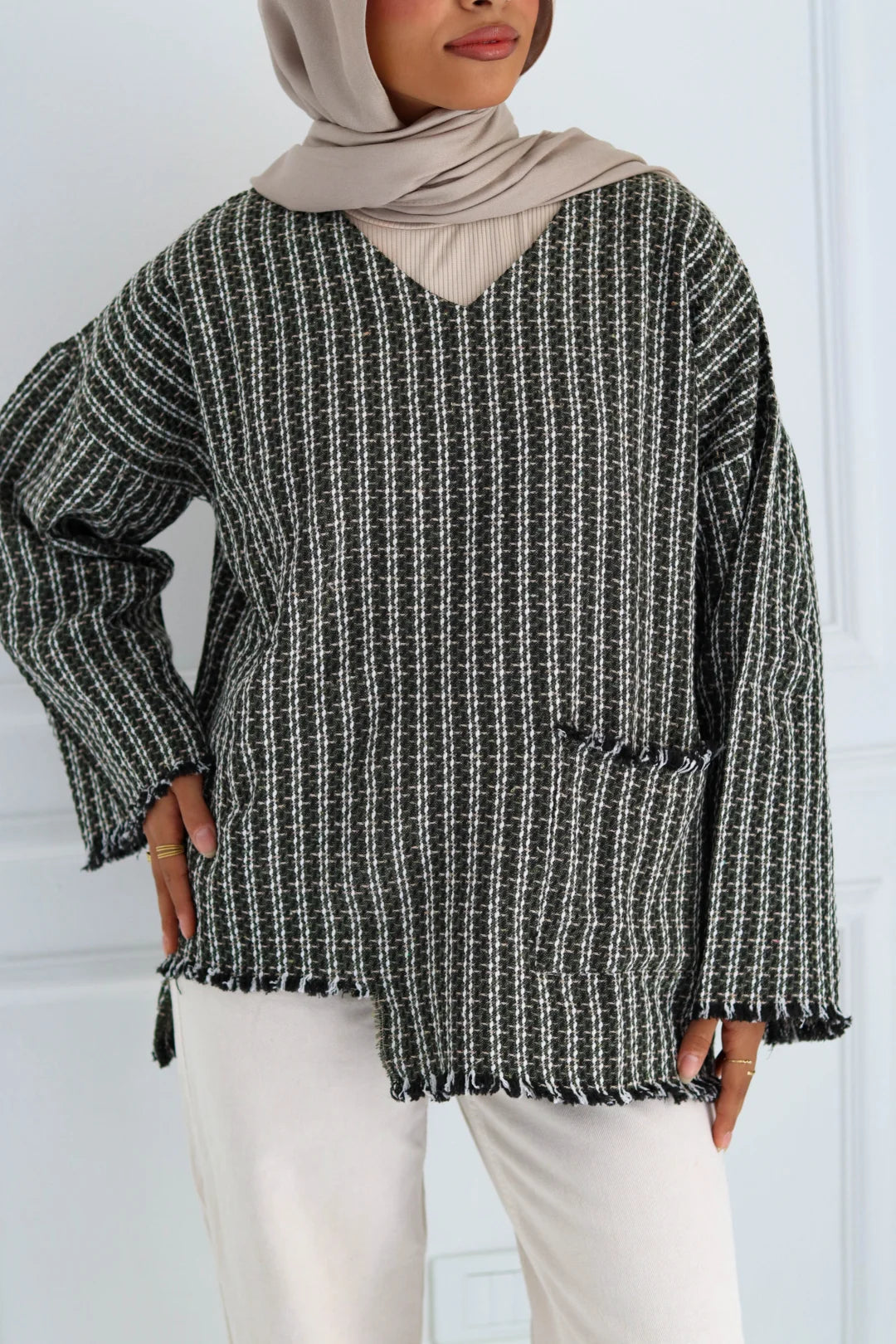 Olive XO’ tweed top