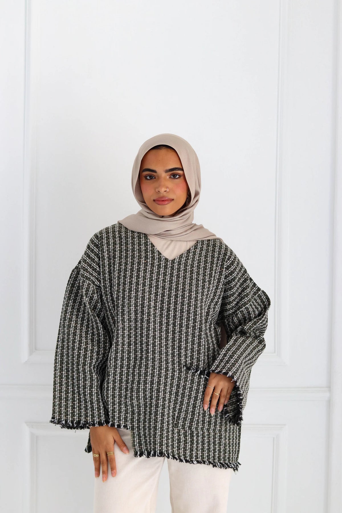 Olive XO’ tweed top