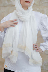 Off-white soft cotton scarf with beige burlap trim