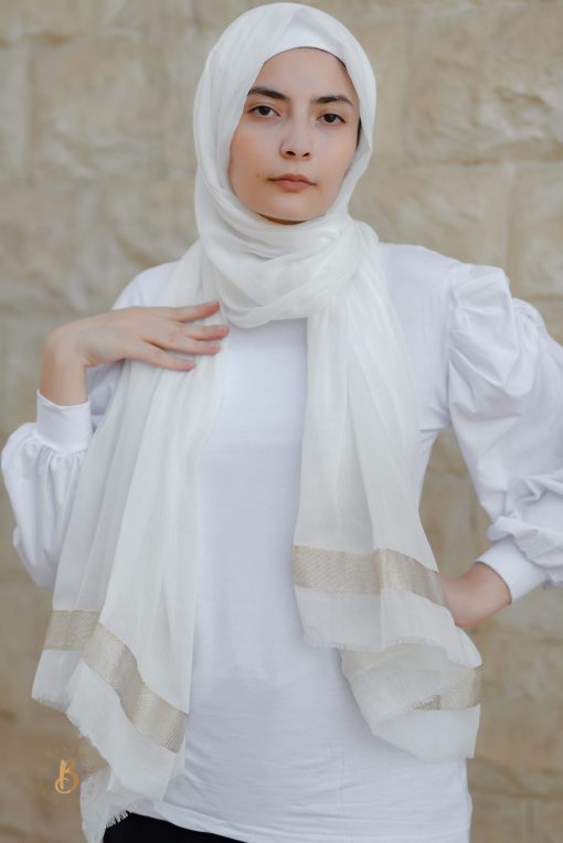 Off-white soft cotton scarf with golden trim