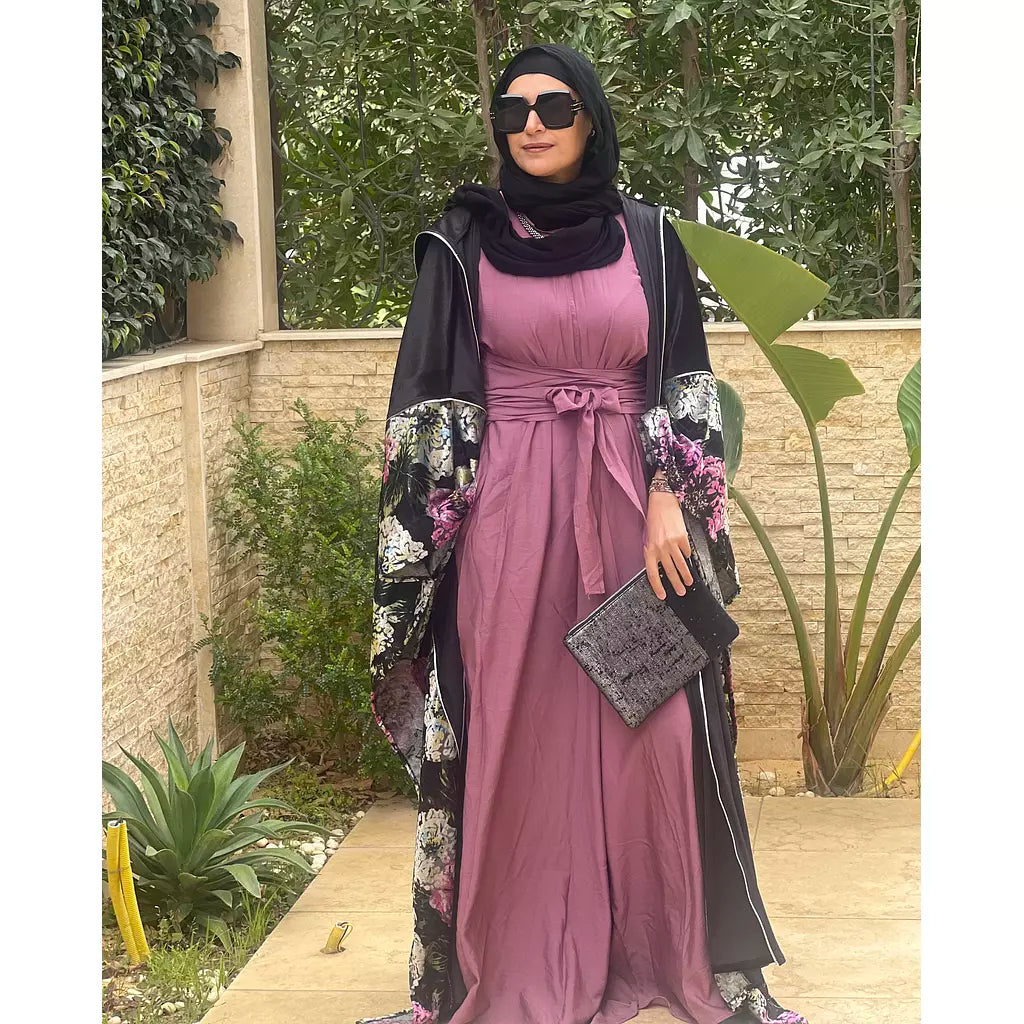 black velvet embroidered with purple flower kaftan