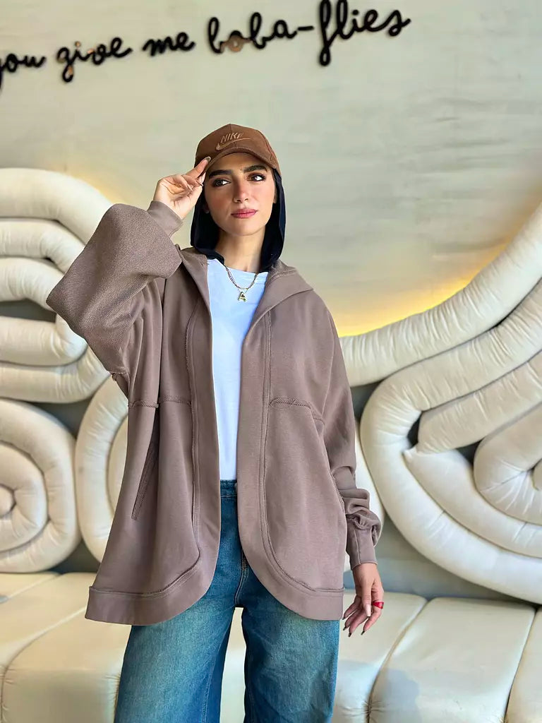 HOODED CARDIGAN IN CAFE