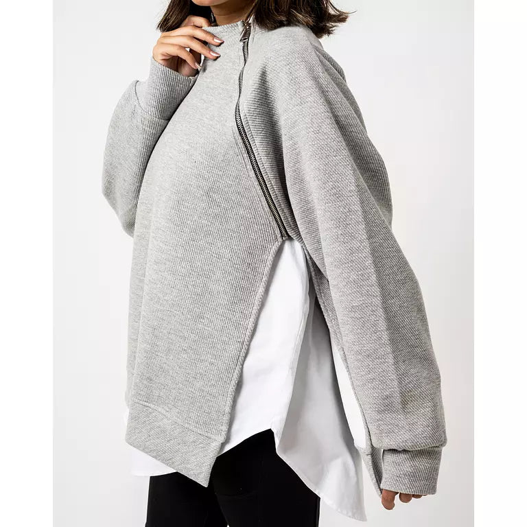 Asymmetric side zipper pullover
