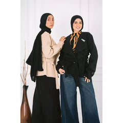 Short jacket with belt and pin
