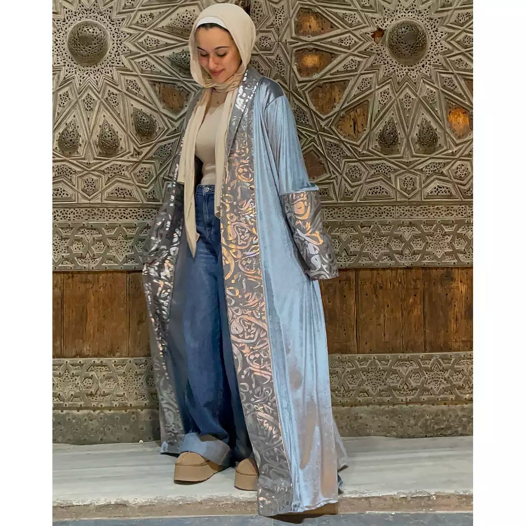 grey velvet embroidered with silver kuffic calligraphy kaftan
