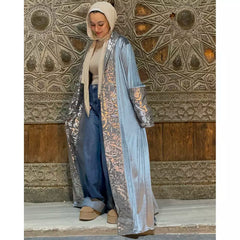 grey velvet embroidered with silver kuffic calligraphy kaftan